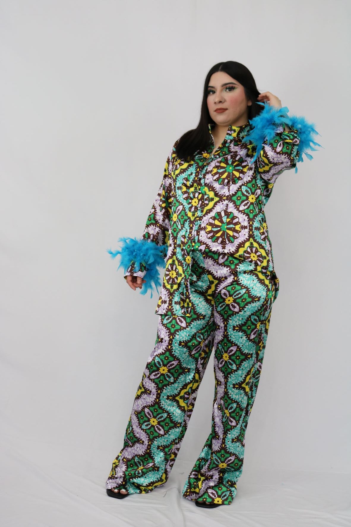 2 PC Feather Cuff Pajamas Set