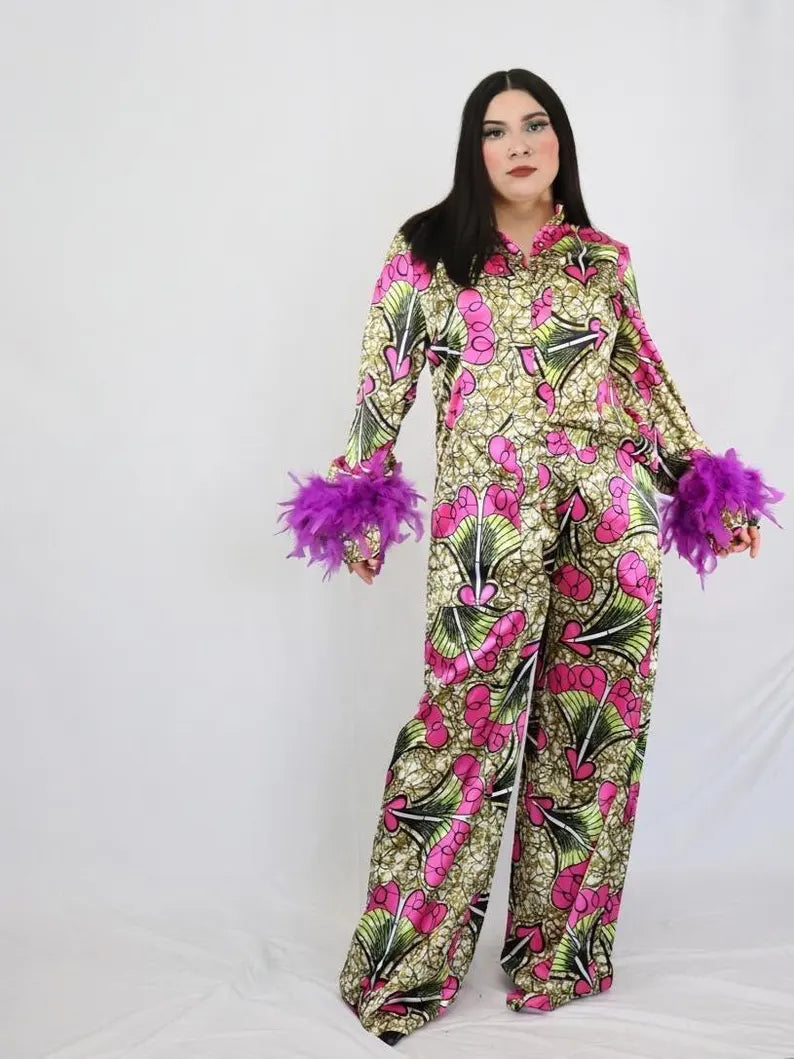 2 PC Feather Cuff Pajamas Set