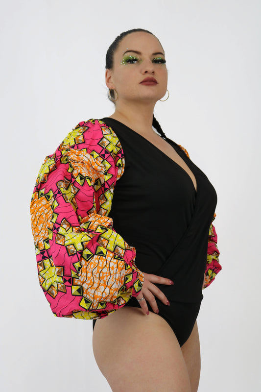 Ankara Infused Bodysuit with Elaborate Sleeve