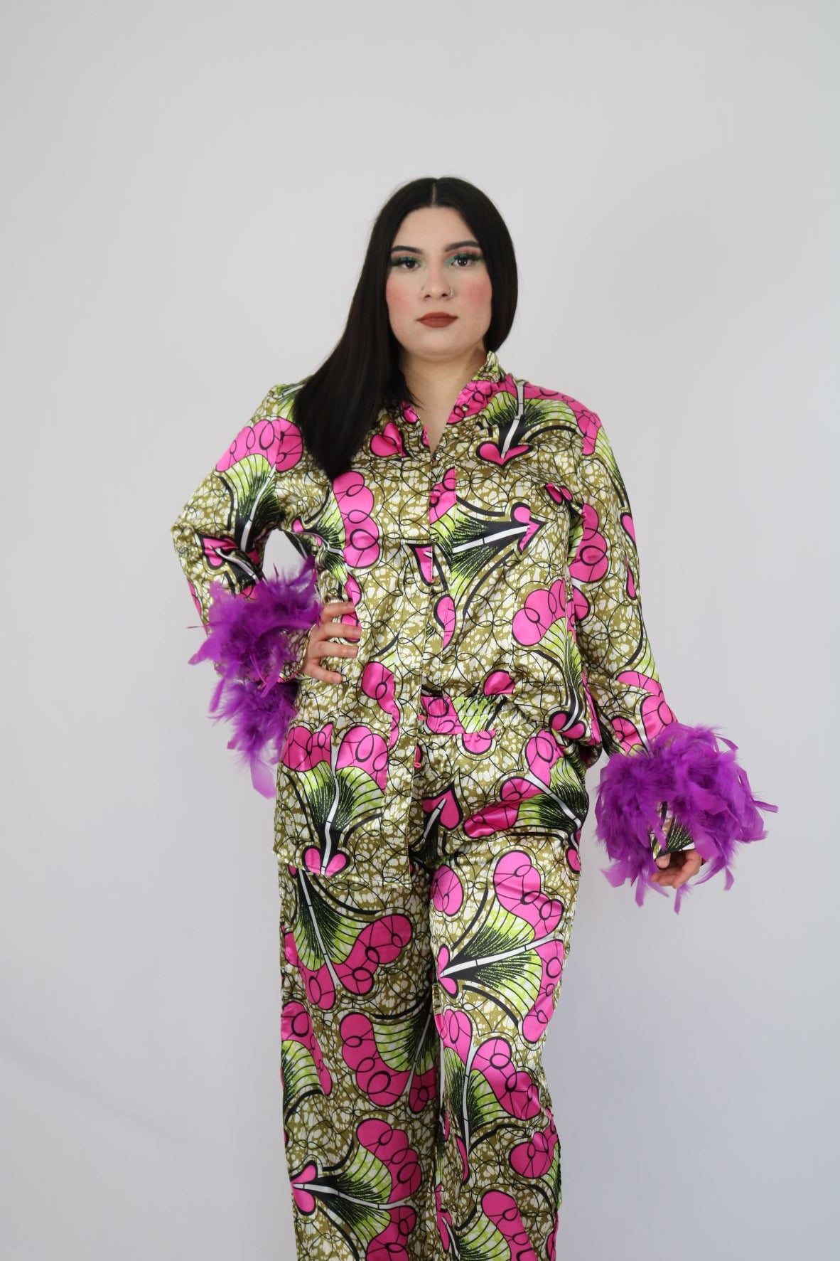 2 PC Feather Cuff Pajamas Set